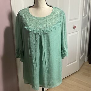 Chic Mint Green Lace Accent Blouse